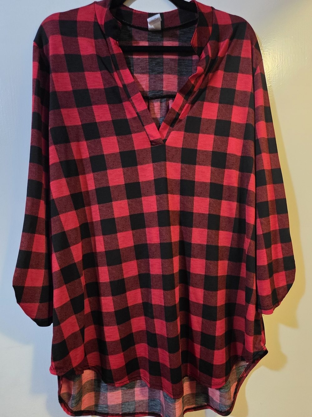 Women's Red and Black Buffalo Plaid V-Neck Tunic Top